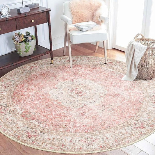 Pink Round Rug 5ft, Circle Boho Area Rugs for Bedroom Living Room,Washable Vintage Bohemian Distressed Oriental Floral Carpet Non Slip,Blush