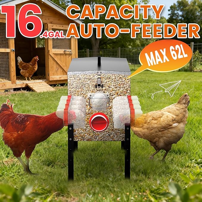 16gal Large Automatic Chicken Feeder - 88LB Capacity 10 Port No Waste Poultry Feeder, Rust-Proof Alloy Steel with Locking Lid & Adjustable Legs for Chickens, Ducks, Geese, Poultry