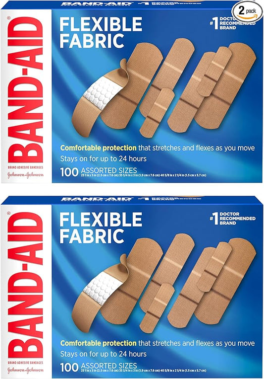 Band-Aid Brand Flexible Fabric Adhesive Bandages for Comfortable Flexible Protection & Wound Care of Minor Cuts, Scrapes, & Wounds, Assorted Sizes, Twin Pack, 2 x 100 ct