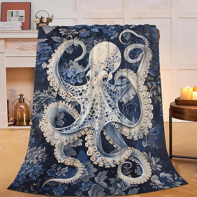 Octopus Blanket Ocean Throw Blanket Soft Warm Cozy Fuzzy Plush Marine Nautical Throw Blanket Gifts for Girls Women Octopus Fleece Flannel Gift Blankets for Kids Adults 60"X80"