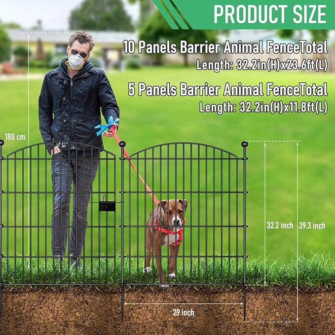 10 Panels Garden Fence Dog Fence Outdoor for Yard, 32in H x 23.6ft L Rustproof Metal Fencing with Ground Stakes | No Dig Animal Proof Containment for Pets/Rabbits | Durable Patio Security Panels