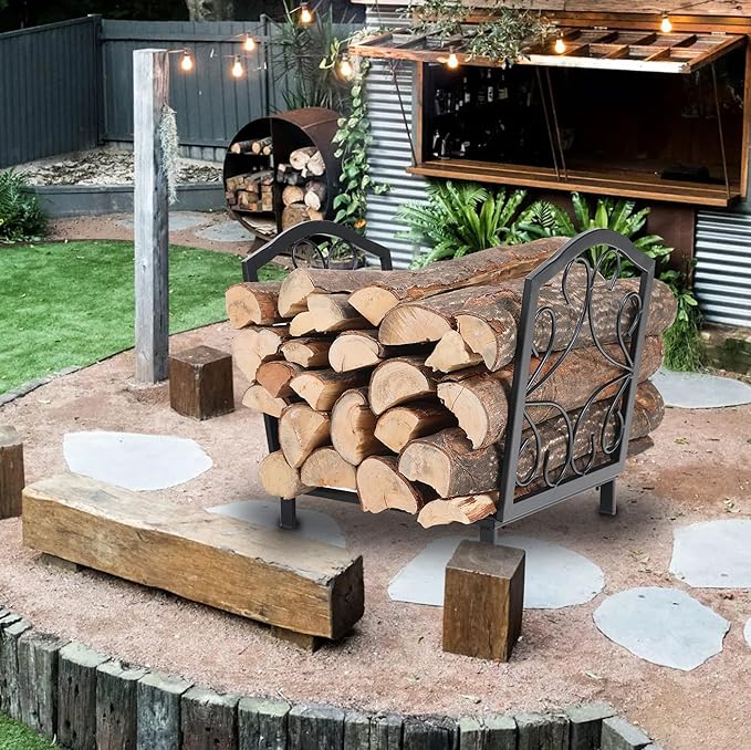 GREEN PARTY 17 Inch Small Firewood Rack Indoor/Outdoor Metal Firewood Holder, Decorative Fire Log Holder for Fireplace,Fire Pit,Heavy Duty Wood Rack,Wood Stove Accessories,17" L X 13" W X 15.5" H