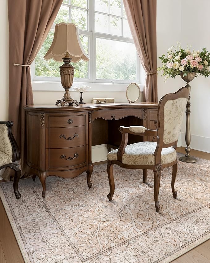 Collive 5x7 Area Rug, Washable Neutral Hand-Painted Floral Living Room Bedroom Rug, Vintage Distressed Boho Non Slip Low Pile Indoor Throw Carpet, Soft Retro Rugs for Dining Room Office, Pink Grey