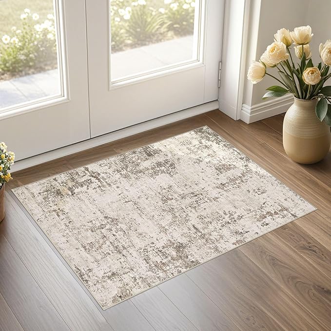 2x3 Entryway Area Rug: Washable Neutral Modern Abstract Small Rug - Non-Slip Low Pile Throw Indoor Carpet for Entrance Kitchen Front Door Mat Bathroom Entry Kids Room - Dark Brown