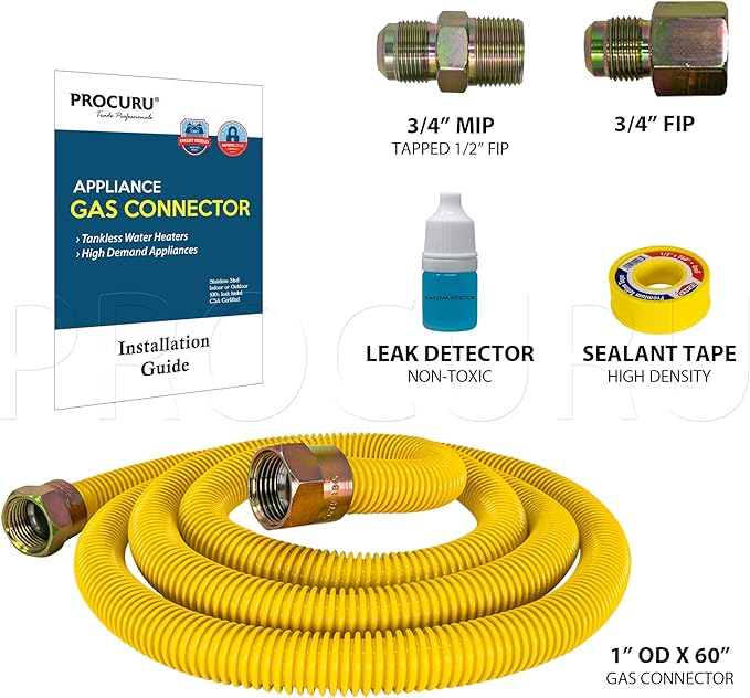 PROCURU 1" OD x 60" (5Ft) x 3/4"MIP x 3/4"FIP Universal Flexible Gas Connector, With/Without Service Valve, WP MaxFlow High Capacity Stainless Steel Tubing for Tankless Water Heater (Blue-A1 Series)