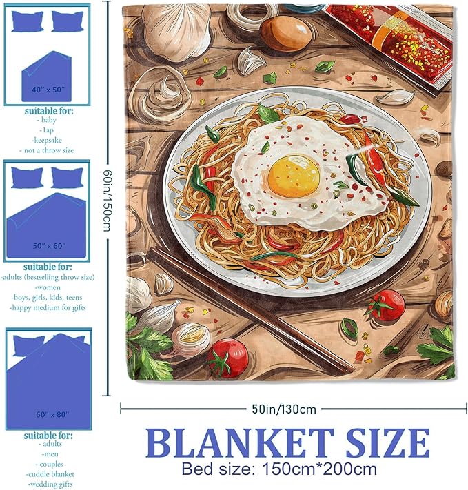 Spaghetti and Eggs Throw Blanket 40"x50", Food-Themed Blankets for Kitchen Dining Decor, Soft Flannel Polyester Warm Cozy Gifts for Food Lovers