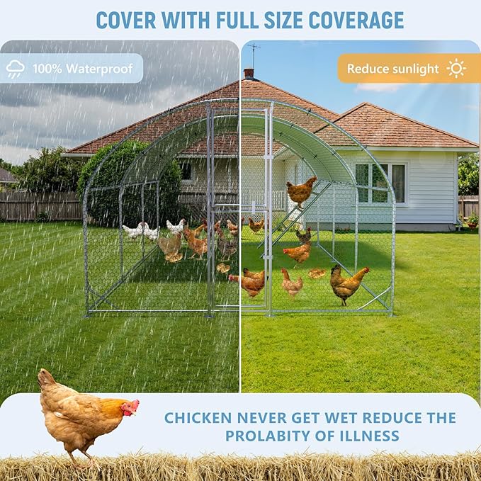 Large Chicken Coop 10x20x6.5FT, Metal Chicken Run for Yard with Feeding Door,Round Top Walk-in Chicken Pen,Outdoor Poultry Cage with Anti-UV Cover,Rabbit Duck House