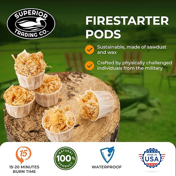 Superior Trading Fire Starter Pods in Carton Box - Fire Starters for Campfires, BBQ, Grill, Pit, Wood Stove & Charcoal Starter, 15-20-Min Burn, 100 Extra Large Pods, USA-Made, Brown