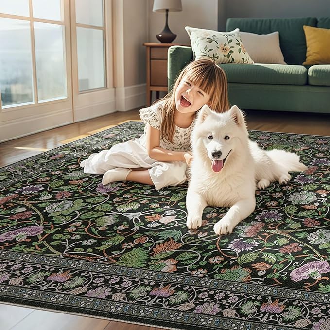 10x12 Area Rug Living Room Rugs - Washable Boho Vintage Floral Large Soft Non Slip Thin Rug Low Pile Carpet for Bedroom Dining Room Kids Playroom Office Decor Indoor- Green Dark