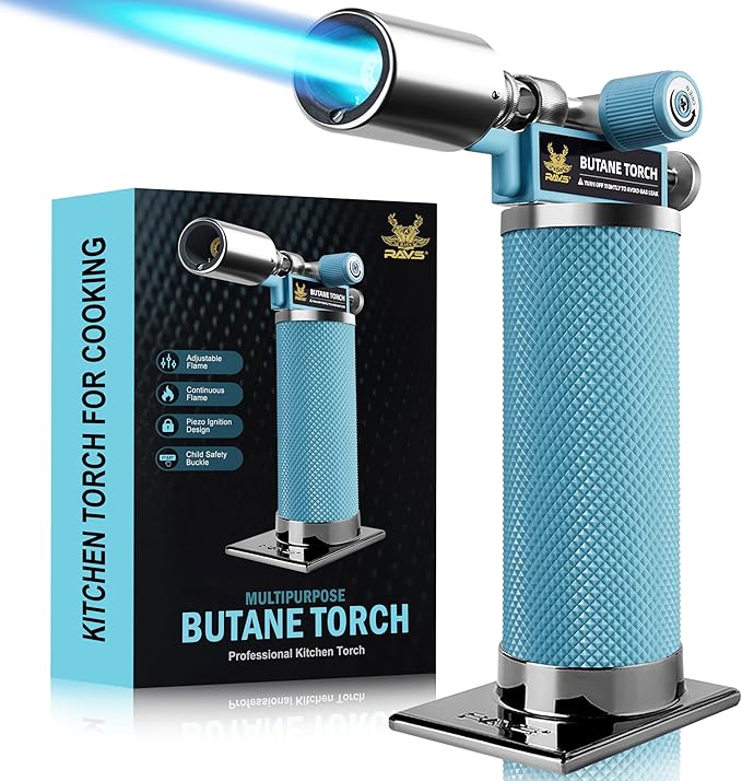 RAVS Butane Torch Lighter, Refillable Kitchen Torch with Adjustable Flame and Safety Buckle, Mini Torch for Baking, Soldering, Resin Art, Blue, Christmas Gifts for Men, Butane Not Included