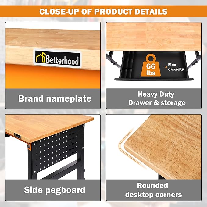 Betterhood 60" Heavy-Duty Adjustable Workbench for Garage, Rubber Wood Shop Table W/Double Pegboards & Drawer,Hardwood Workstation Weight Capacity Over 2000 Lbs