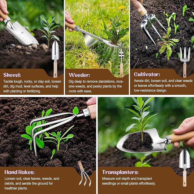 Gardening Tools Set 9-Piece Heavy-Duty Gardening Gifts for Women Mom Wife Gardening Hand Tools with Purple Floral Tote Bag and Repotting Mat, halilus Stainless Steel Garden Supplies Kit