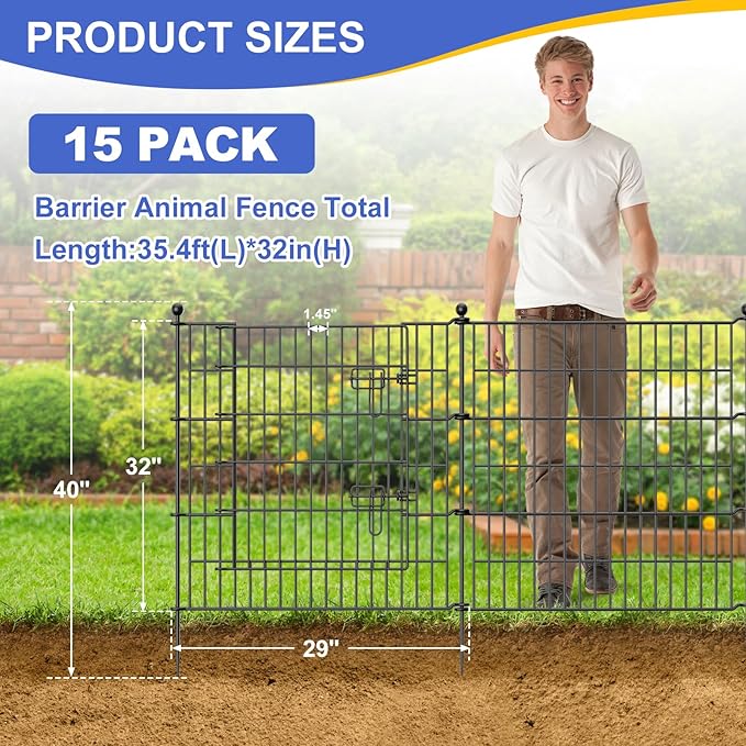 15 Panels No Dig Decorative Garden Fence with Gate, 32 in(H) X 35.4ft(L), Outdoor Dog Rabbits Fence, Animal Barrier Pet Fencing Rustproof Metal Wire Panel Border for Yard, Patio, Flower Bed