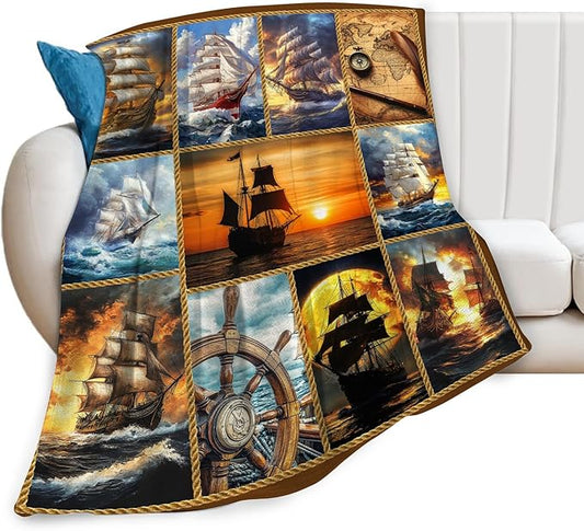 Nautical Throw Blanket Ultra Soft Cozy Navigation Sailboat Blanket Fleece Fuzzy Plush Nautical Lovers Decor Gifts for Women Girls Adults Couch Sofa 60"x50"