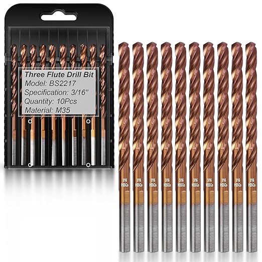3/16" 3-Flute Cobalt Drill Bits, M35 Metal Drill Bits for Metal and Steel, 3-Flats Shank, 135 Degree Split Point, for Hardened Steel, Stainless Steel, 10-Piece