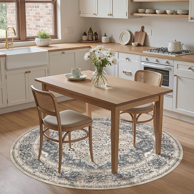 Washable 5 Ft Round Area Rug - 5x5 Area Rugs for Living Room Bedroom Dining Room Home Office Floor Decor- Vintage Floral Stain & Fade Resistant Non-Slip Backing Carpet(Blue/Beige)