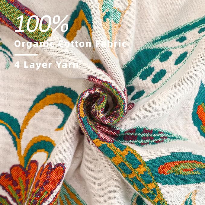 Boho Throw Blanket for Bed, 100% Cotton Muslin Soft Twin Throw-Floral Farmhouse Rustic Decor Blanket for Couch Sofa Quilt and Gift, 60" x 80"-BeigeWhite