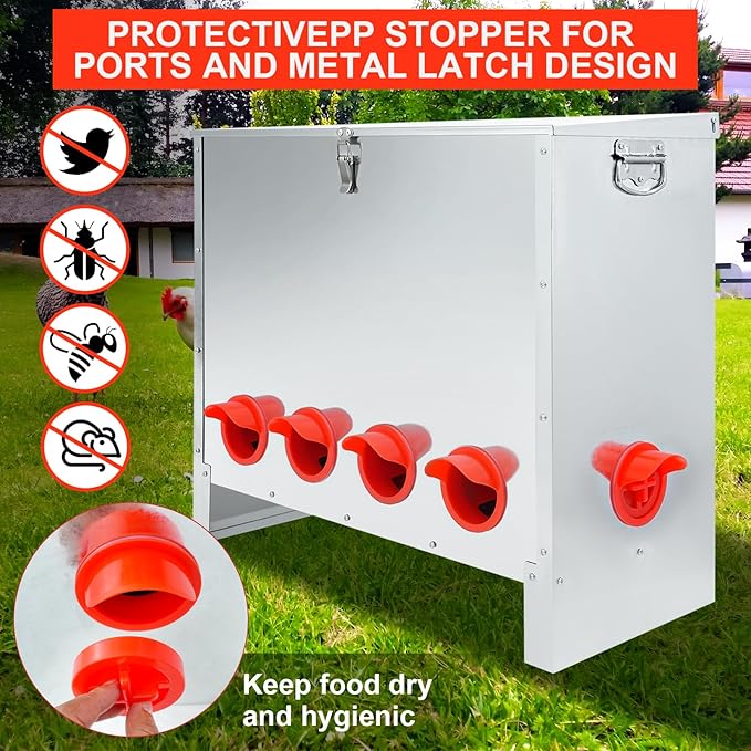 RYFT 85-120Lbs Chicken Feeder No Waste, 10-Port Automatic Large Galvanized Metal Fed Chicken with Latch & Handle for Chickens, Pheasants, Bantams Poultry Coop Weatherproof Chicken Feeder
