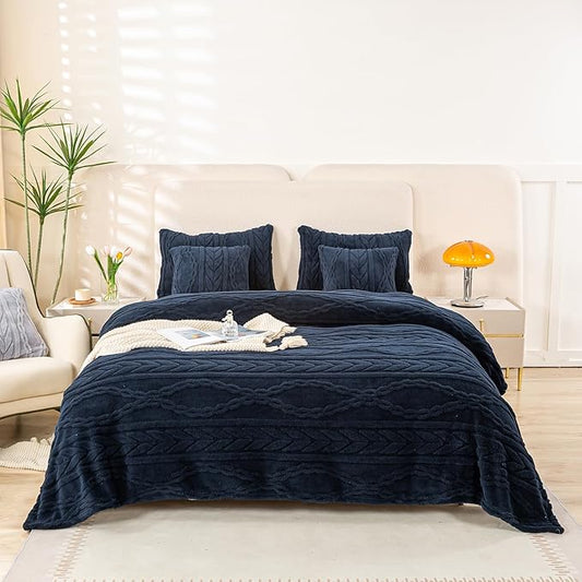 YUSOKI Sherpa Queen Size Blanket(Without Pillows)-3D Stylish Design Super Soft Blankets for Teen Girls Women Couch Bed Sofa Chair Men Boys Gift(Navy,90"x90")
