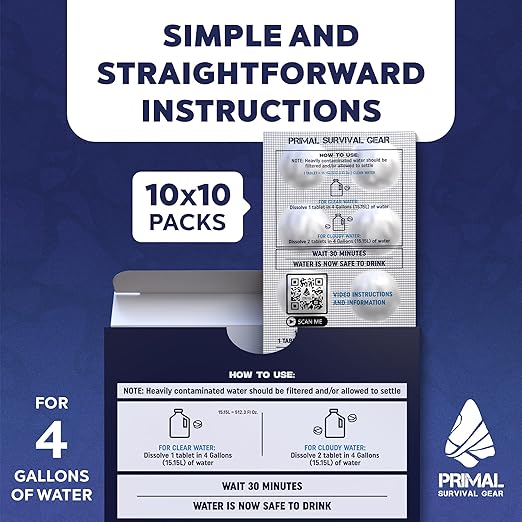 Water Purifier Tablets –Water Purification Tablets for Emergency Water - Hiking, Camping, Survival, Emergency – Drinking Water Filtration System Survival Tabs - Purificador De Agua - 100 Tablets - 4G