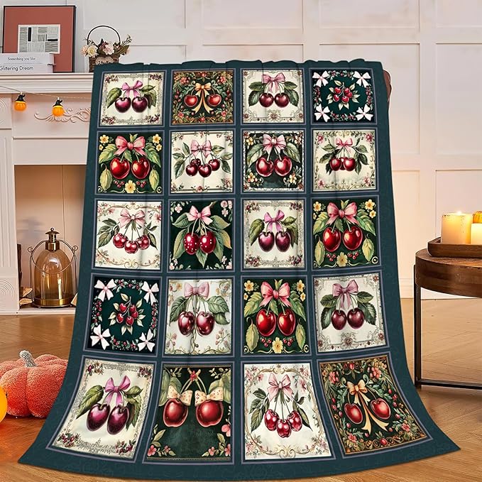 Cherry Blanket, Cherries Bow Throw Blanket, Preppy Gifts Blankets Stuff Fleece Flannel Plush for Girls Women Men Boys Lovers Adults Soft Bedding Gift for Sofa Bed Office Home Decor 60"x50"