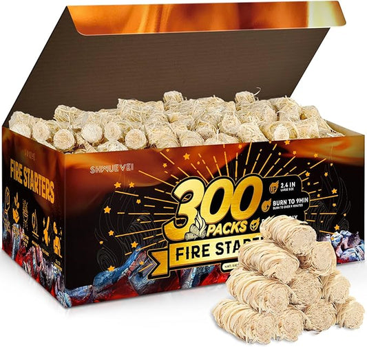 Shwuevei 300 pcs Fire Starter - Natural Fire Starters for Fireplace, Pellet Stove & Wood, Fire Pit, Smoker, BBQ, Chimney, Pizza Oven - Fire Starters for Grill, Charcoal Starter