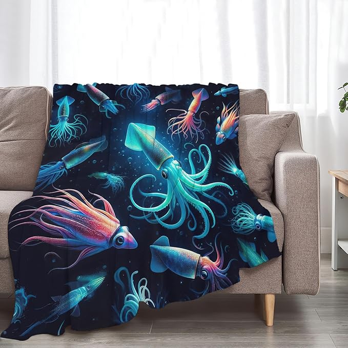 Squid Blanket Decor Gifts for Squid Lovers Flannel Fleece Fuzzy Throw Blanket Soft Warm Cozy Plush Ocean Animal Blanket for Bed Couch Living Room Stuffed Decoration for Kids Adult 80"x60"