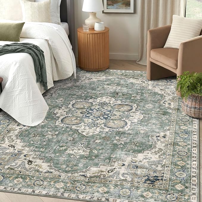 Washable Area Rug 5x8 - Boho Living Room Rug Non Slip Soft Bedroom Rug Ultra-Thin Sage Green Vintage Oriental Farmhouse Dining Room Rugs for Under Table Indoor Carpet for Living Room