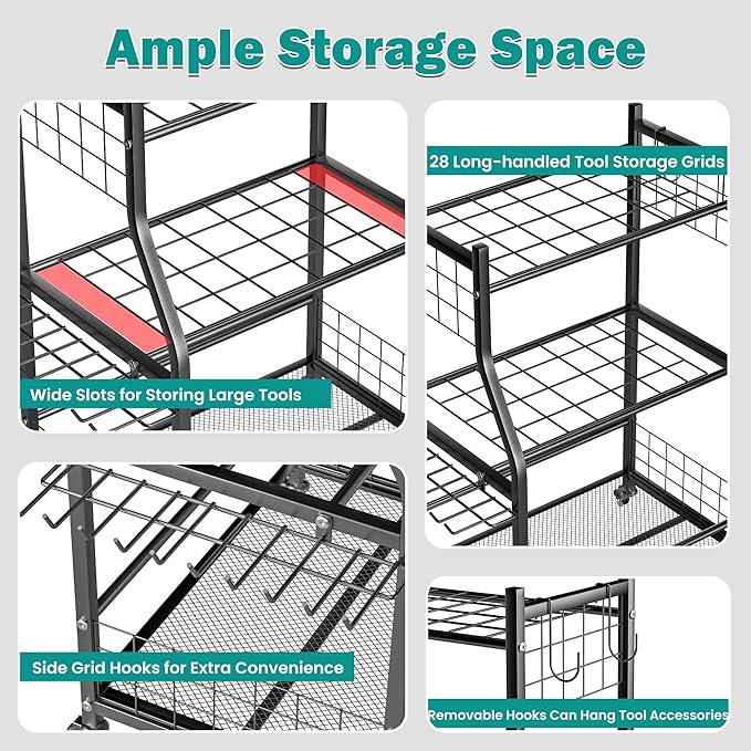 EVERHANGER Garden Tool Organizer Stand, Garage Tool Storage Organization, Yard Tool Racks with lockable wheels, Fit for Long-Handled Tools/Rakes/Brooms, Indoor/Outdoor Use