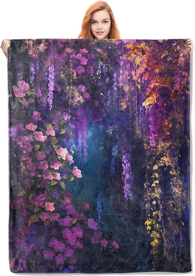 Floral Blanket, 60"x80" Purple Flowers Floral Flannel Fleece Throw for Kids & Adults, Ultra-Soft and Warm Home Decor Blanket, Women Floral Gifts