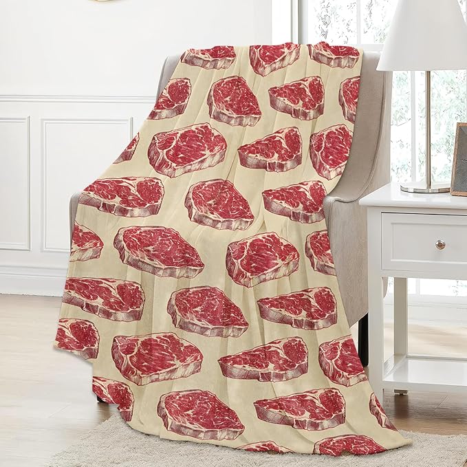 Steak Pattern Throw Blanket Gifts for Women, Soft Fuzzy Warm Cozy Flannel Blankets for Bedroom, Travel, Couch, Home Decor 60x80 in