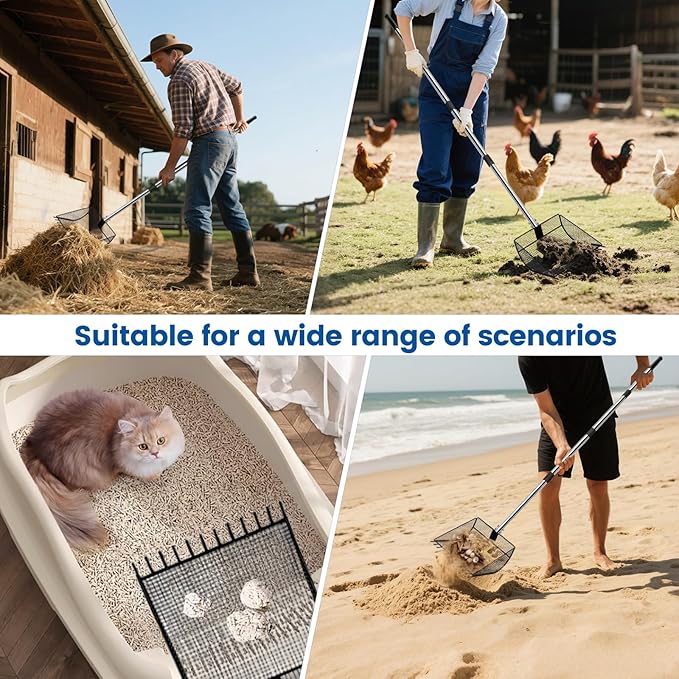 Chicken Poop Scooper for Sand, 2-in-1 Rake & Pooper Scooper with Large Sifting Shovel, Adjustable Stainless Steel Handle (36"-62"), Chicken Coop Litter Scoop & Cleaning Tool for Farm Animals