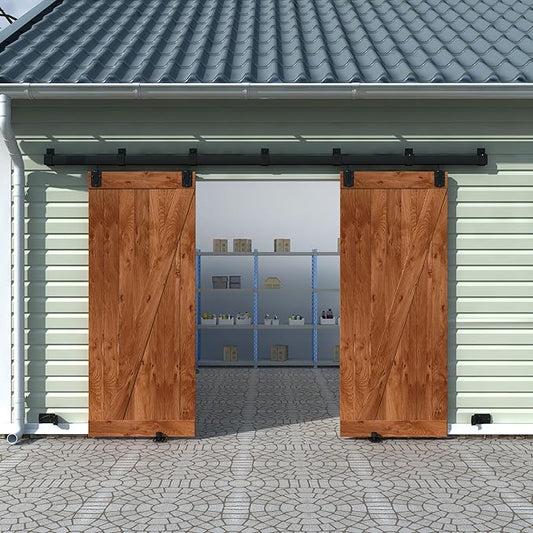 10FT Black Box Rail Exterior Barn Door Hardware Track Kit for 2 Doors, Heavy Duty Barn Door Track Set, Wall Mount Outdoor Weatherproof Double Door Hardware with 7 Track Brackets(No Doors）