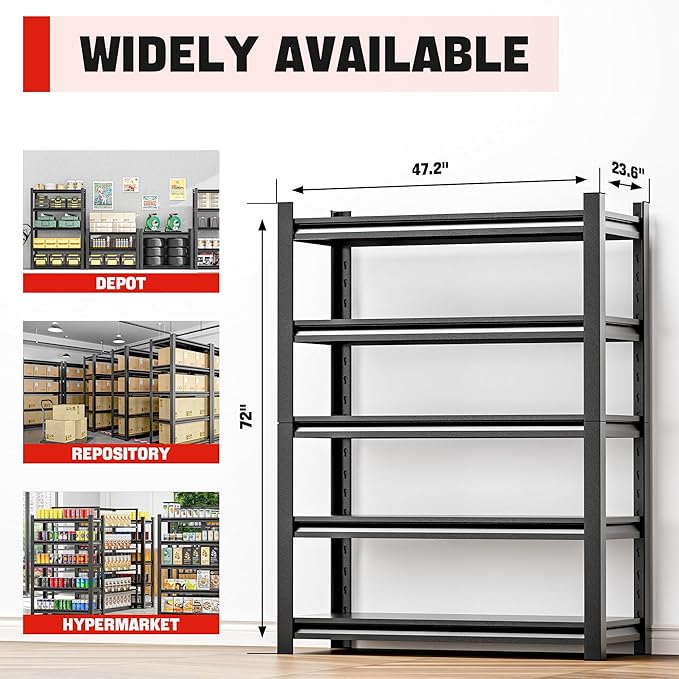 Heavy Duty Metal Storage Rack Shelving, 5 Tier Shelving Unit - Garage Storage Shelf, Industrial Utility Shelf, Durable Metal Shelf Organizer, Garage Shelving 24" D x48 W x72 H（5 pcs）