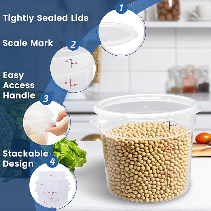 4 Pack 6QT Round Food Storage Containers with Lids, BPA-Free Polypropylene NSF Commercial Food Container, with Labels & Measuring Cup
