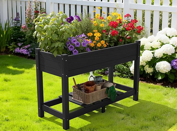 SERWALL Raised Garden Bed Set of 2, HDPE Raised Bed for Gardening All Weather Use- Black