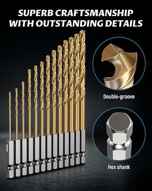 Lichamp 1/16" -1/4" Hex Shank Drill Bit Set, 13pc Titanium Coated High-Speed Steel Bits, 1/4" Quick Change Shank for Hard Metal, Hardened Twist Drill Set