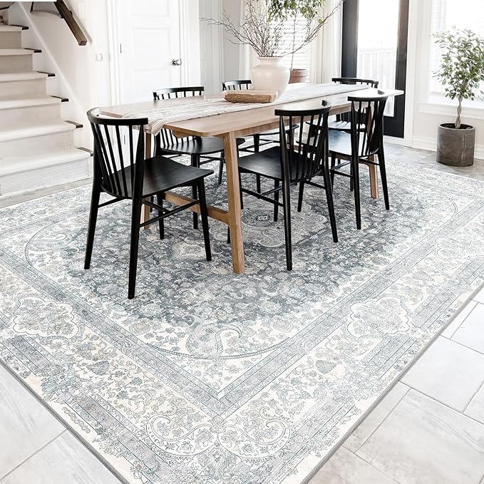 8x10 Area Rugs Washable,Grey Rug for Living Room Bedroom Dining Room,Large Boho Vintage Bohemian Distressed Carpet Non Slip,Floral