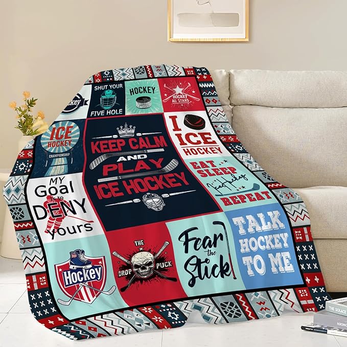 Ice Hockey Blanket, Hockey Player Throw Blanket, Sports Gifts Blankets Stuff Fleece Flannel Plush for Men Boys Women Girls Lovers Adults Soft Bedding Gift for Sofa Bed Office Home Decor 80"x60"