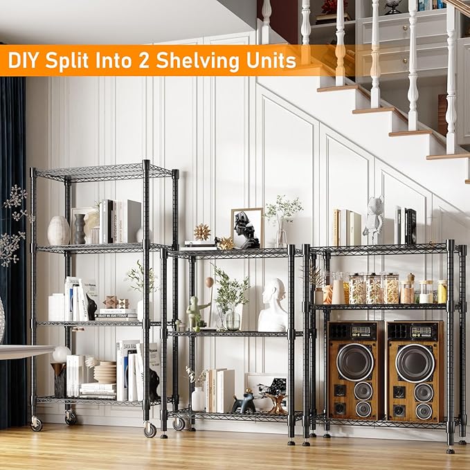 Himimi 72" H Wire Shelving Unit Storage, Metal Storage Shelves with Wheels, Heavy Duty Shelves with 4-Tier Adjustable Layer Rack Strong Steel for Kitchen Pantry Basement, 14" D×30" W×72" H, Black