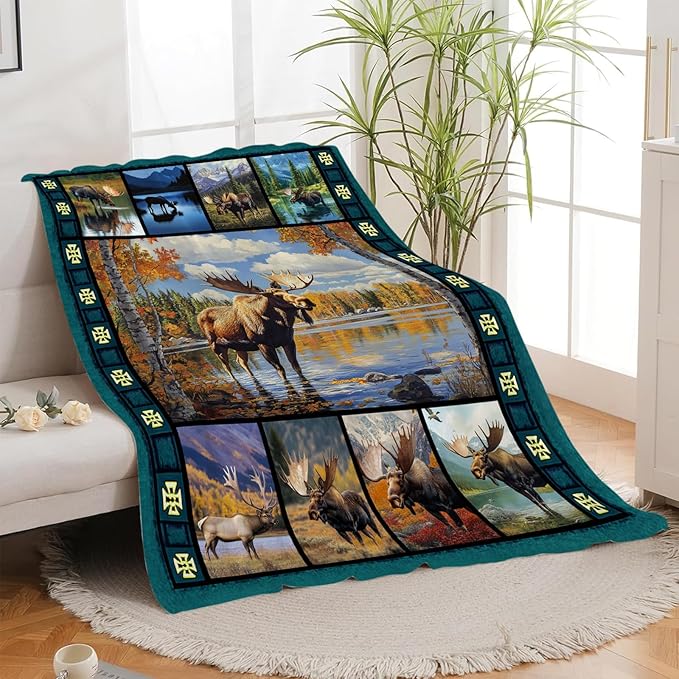 Moose Blanket, Mooses Cabin Throw Blanket, Forest Wildlife Gifts Blankets Stuff Fleece Flannel Plush for Girls Women Men Boys Lovers Adults Soft Bedding Gift for Sofa Bed Office Home Decor 80"x60"