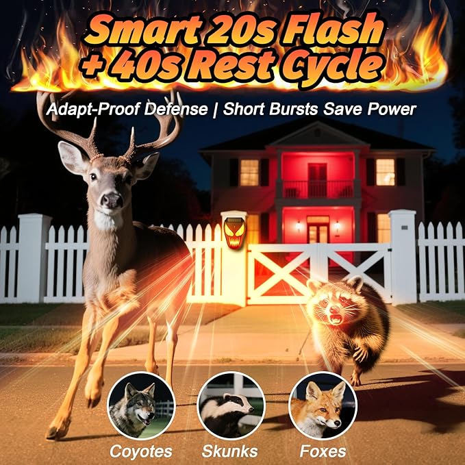 4 Pack Solar Powered Coyote Deterrent with Amber Dynamic Flashing Lights, Effective Coyote, Raccoon, Skunk, Deer & Hawk Deterrent, Waterproof Predator Light for Yards, Gardens & Chicken Coop