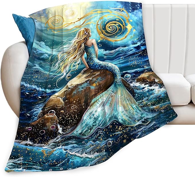 Mermaid Blanket Gifts for Girls Boys Soft Warm Plush Little Mermaid Coastal Ocean Throw Blanket Flannel Fleece Fuzzy Blankets for Kids Lover Bed Couch Living Room Decor 60"X50"