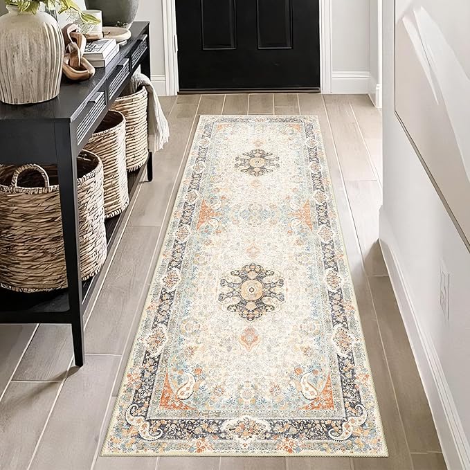 Washable Runner Rug 2x6,Vintage Rug Runners Non Slip,Long Boho Rugs for Hallways Kitchen Bedroom Entryway Living Room Bathroom,Bohemian Distressed Floor Carpet,Retro Blue Grey Floral