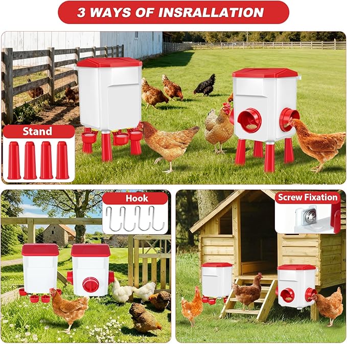 Chicken Feeder and Waterer with Set 3 Gallon/26.4 Pounds, Automatic Chick Feeder and Waterer Set No Waste, Poultry Feeder Large for Hens/Ducks/Poultry(Red
