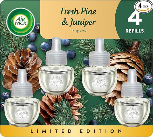 Air Wick Plug In Scented Oil Refill, Infused with Essential Oils, Plug In Air Fresheners for Home, Fresh Pine & Juniper, 4 ct