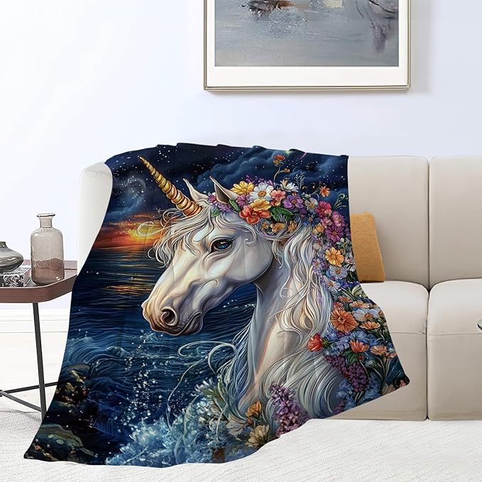 Unicorn Blanket, Ocean Unicorn Throw Blanket, Flower Gifts Blankets Stuff Fleece Flannel Plush for Girls Women Men Boys Lovers Adults Soft Bedding Gift for Sofa Bed Office Home Decor 80"x60"