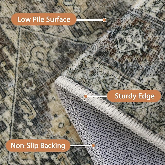 GENIMO Machine Washable 8x10 Area Rugs for Living Room, Non Slip Vintage Rugs, Low Pile Lightweight Chenille Print Rug for Bedroom, Dining Room, Home Office,Green Khaki