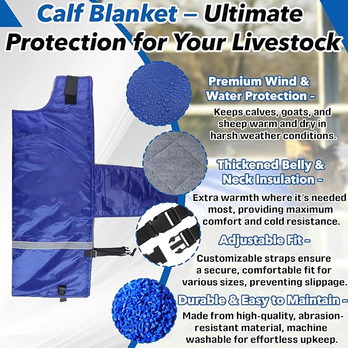 Calf Blanket - Suitable for Calves, Goats, and Sheep, Windproof and Insulated Design, Thickened Belly and Neck Protection, Adjustable Size for Complete Warmth and Comfort - 1 Piece (Blue)