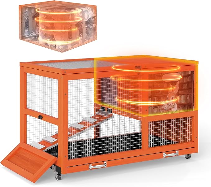 COZIWOW 36.5-Inch Double-Decker Wooden Insulated Rabbit Hutch with Wheels, Heated Rabbit Cage Featuring A Cleaning Tray and Ladder—Stylish&Easy to Assemble（Orange and Warm）